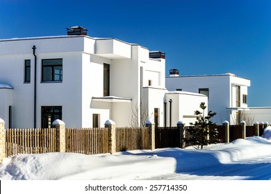 Modern Country House, Winter Sunny Day, Snow And Sun