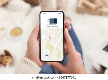 Modern Courier Delivery At Home, Shopogolic And Online Shopping. Hands Of Lady Holding Smartphone With Mobile App And Map To Track The Order On Digital Screen On Blurred Background, Collage, Cropped