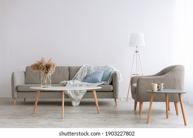 Modern Cozy Simple Home Interior. Couch With Blue Pillows And Fluffy Blanket, Vintage Armchair On Wooden Floor, Lamp And White Table With Vase With Dry Plants, On Gray Wall Background, Copy Space