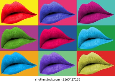 Modern creative collage  Contemporary art background and colored lips   and geometric elements  Digital GIF texture backdrop  Trendy art  zine culture  Modern template for pop art  modernism 