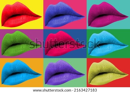 Modern creative collage. Contemporary art background with colored lips and with geometric elements. Digital GIF texture backdrop. Trendy art, zine culture. Modern template for pop art, modernism.