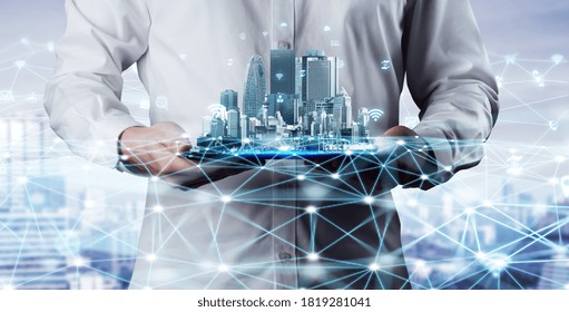 The modern creative communication and internet network connect in smart city . Concept of 5G wireless digital connection and internet of things future.