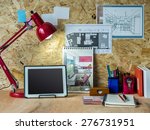 Modern creative workspace with tablet, interior design hand-drawn illustration on compressed plywood chipboard