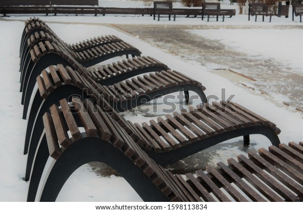 Modern Curved Shape Wooden Outdoor Benches Stock Photo Edit Now