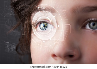 Modern cyber girl with technolgy eye looking