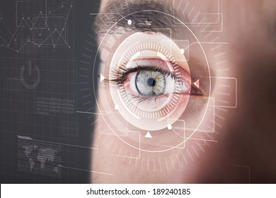 Modern cyber man with technolgy eye looking