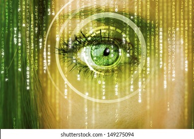 Modern cyber woman with matrix eye concept