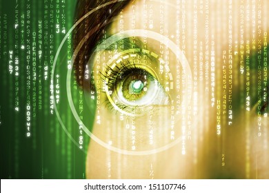 Modern cyber woman with matrix eye concept