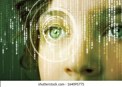 Modern cyber woman with matrix eye concept