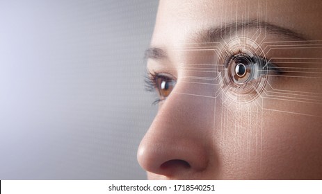 Modern Cyber Woman With Technolgy Eye Looking. The Young Woman 's Eye Is Close-up. The Concept Of The New Technology Is Iris Recognition.