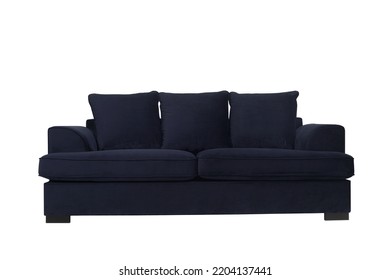 Modern Dark Blue Sofa With Pillows On White Isolated Backgrounds