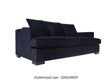 Modern Dark Blue Sofa With Pillows On White Isolated Background