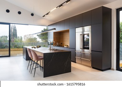 Modern dark grey  kitchen with island