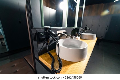 Modern Dark Interior Of Locker Gym Room. Empty Luxury Fitness Club Locker Room.