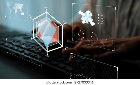 Modern Data Analysis with 3D Graphs and Metrics on Keyboard with Blurred Background Illustrating Technology and Innovation in Business Gluon.