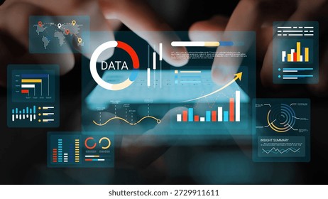 Modern Data Analysis Interface with Graphs and Charts, Hands Interacting with Digital Touchscreen on Background of Global Data Visualization Gluon.