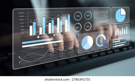 A modern data analysis scene showcasing business graphs and charts on a transparent screen, symbolizing productivity and informed decision-making in a digital workspace. Gantry - Powered by Shutterstock - Get 15% off with code: PIKWIZARD15