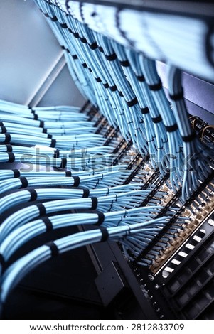 Modern data center with organized server racks and intricate network cable connections supporting efficient data processing and digital communication systems.