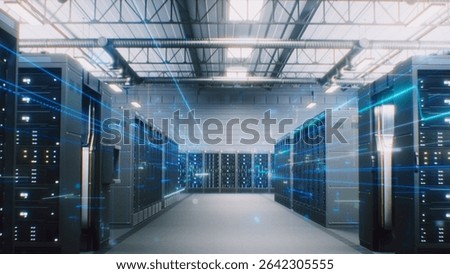 Modern Data Technology Center with Server Racks in Big Storage with VFX Animation. Animated Visualization of Data Flow, Internet Traffic on Servers. Digitalization and Internet of Things. Dolly Shot.
