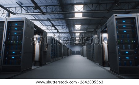 Modern Data Technology Center with Server Racks in Large Storage with VFX Animation. Animated Visualization of Data Flow, Internet Traffic on Servers. AI Digitalization and Internet of Things Concept.
