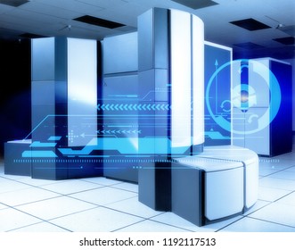 Modern datacenter. Servers room interior  web network and global internet communication technology, Big data processing. Data storage and cloud computing service business concept. Mixed media  