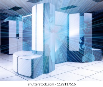 Modern datacenter. Servers room interior  web network and global internet communication technology, Big data processing. Data storage and cloud computing service business concept. Mixed media  