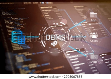 Modern DBMS system interface showing data architecture, user interaction, and API connectivity for enterprise software development and cloud database management platforms.