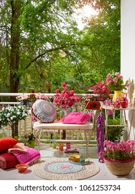modern decorative balcony style. apartment exterior style with furniture and colorful object.