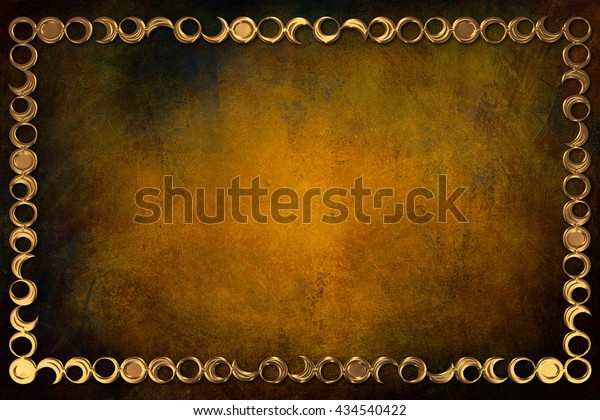 A modern decorative gold frame\
with a textured background. Orange, green and brown\
colors