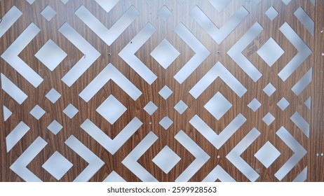 Modern decorative wooden panel with geometric cut-out patterns. Symmetrical diamond and angular shapes create an elegant, contemporary design. Perfect for interiors, partitions, or wall decor.