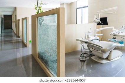 Modern dentistry office interior with tools and chair.