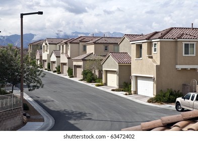 Modern desert suburban street in the western United States.