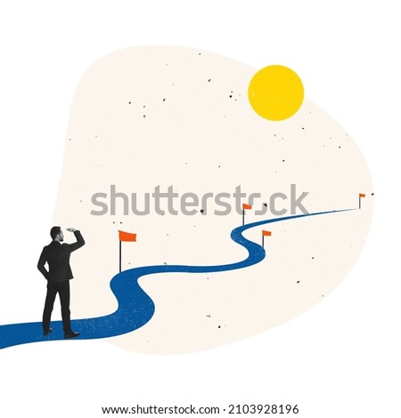 Modern design. Contemporary art collage. Businessman standing at the beggining of road and looking in telescope. Concept of development, career growth, prediction, motivation, strategy, ad