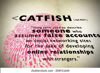 Modern design with fingerprint for catfish word, term used when someone creates a false identity at social media network chats and a fake profile to flirt and deceive people in internet