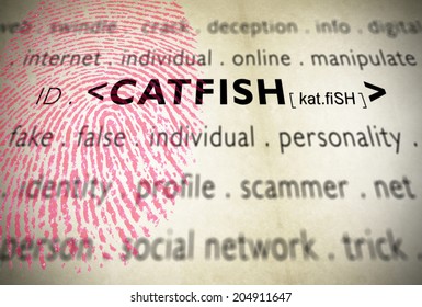 Modern Design With Fingerprint For Catfish Word, Term Used When Someone Creates A False Identity At Social Media Network Chats And A Fake Profile To Flirt And Deceive People In Internet