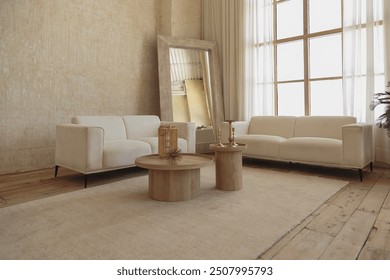 Modern design living room with minimalist sofas, natural wood tables, and soft natural light; cozy and elegant ambiance. - Powered by Shutterstock