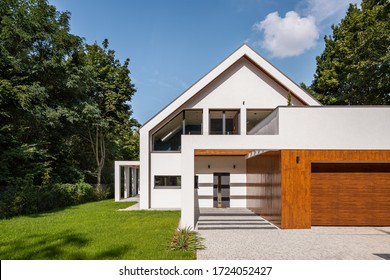 Modern Designed White House With Big Garden And Garage, Exterior View