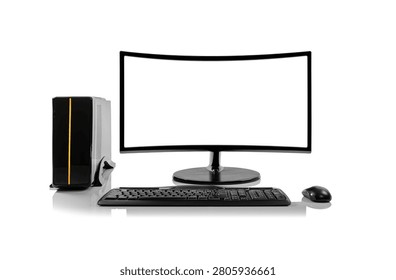 A modern desktop computer set featuring a curved blank monitor, system unit, keyboard, and mouse isolated on a white background.