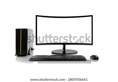 A modern desktop computer set featuring a curved blank monitor, system unit, keyboard, and mouse isolated on a white background.