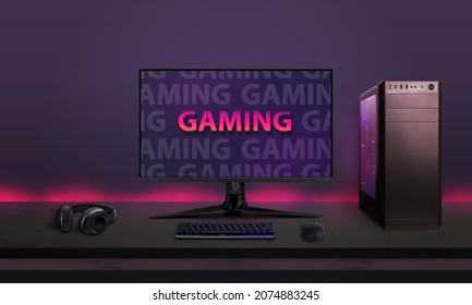 Modern Desktop Gaming Setup On Desk With Led Lights In Background. Modern Gaming Font Concept On Computer Display