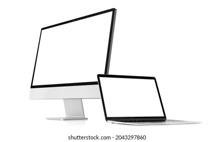 Modern desktop and laptop computers isolated on white background