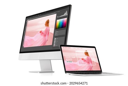 Moderne Desktop- und Laptop-Computer mit Beispielsoftware-Schnittstellen auf dem Bildschirm, einzeln auf Weiß