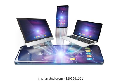 Modern devices connected to each other on white background 3D rendering