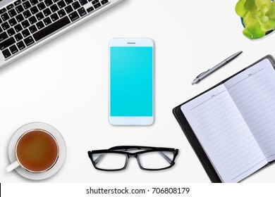 modern devices, digital tablet computer, glasses ,cactus,coffee cup,smartphone,pen, on pastel color background for copy space, business and education flat concept