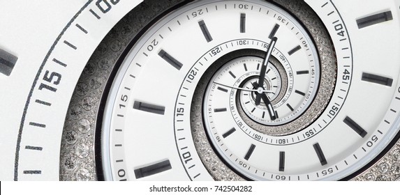 Modern diamond white clock watch clock hands twisted to surreal spiral. Abstract spiral fractal. Watch clock abstract texture pattern background Stylish abstract fractal spiral clock dial time spiral - Shutterstock ID 742504282