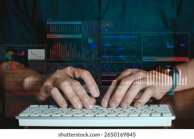 Modern digital dashboard interface over businessman typing on keyboard. Concept of data analysis, online finance report, and technology-driven business strategy.