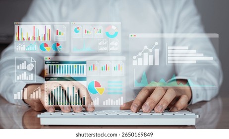 Modern digital dashboard interface over businessman typing on keyboard. Concept of data analysis, online finance report, and technology-driven business strategy.