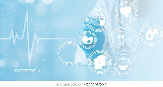 Modern digital illustration emphasizing hydration and healthy lifestyle concepts with medical and nutrition icons