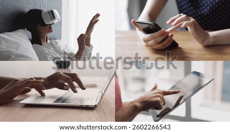 Modern digital interaction through various devices, women using virtual reality headset, smartphone, laptop and tablet, collage. Innovation, connectivity, integration of wireless tech in everyday life