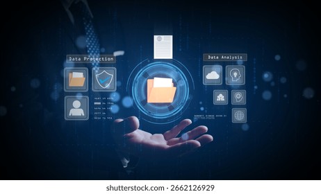 Modern digital interface for big data analysis and secure data protection with file management system in futuristic business concept. 3d Rendering